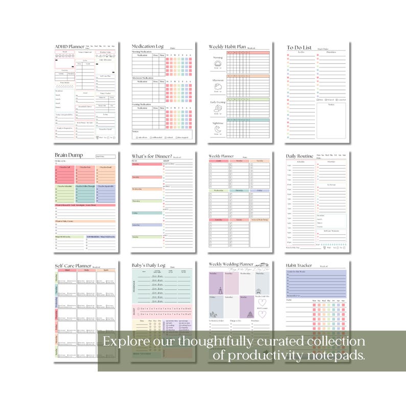 K&ouml;nnte beinhalten: Eine Sammlung von Produktivit&auml;ts-Notizbl&ouml;cken mit verschiedenen Layouts, darunter ein ADHS-Planer, ein Medikamentenprotokoll und ein Wochenplan. Jeder Notizblock hat ein klares, minimalistisches Design mit Pastellfarben und Textbeschriftungen. Der Text im Bild lautet: "Entdecken Sie unsere sorgf&auml;ltig kuratierte Sammlung von Produktivit&auml;ts-Notizbl&ouml;cken."