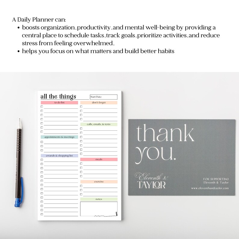 May include: A white notepad with the text "all the things" and a to-do list, a pen, and a gray "thank you" card. The notepad has sections for tasks, appointments, errands, and meals. The pen is black with a blue accent.