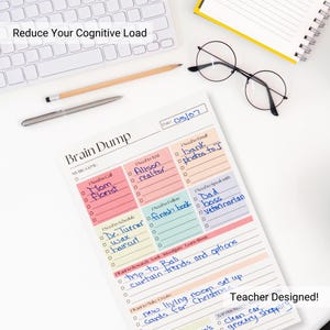 May include: A Brain Dump notepad with a list of tasks, including "Mom Florist" and "trip to Bali." The notepad is on a white surface with a keyboard, pen, pencil, and glasses. The text "Reduce Your Cognitive Load" is visible.