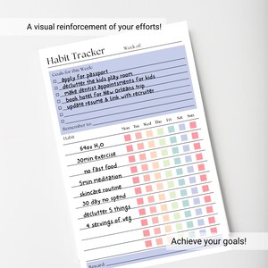 May include: A white habit tracker sheet with a light purple header and section. It features a checklist for weekly goals, a section for habits, and a grid of colorful squares for tracking daily progress. The text includes "Habit Tracker", "Goals for this Week", and "Remember to".