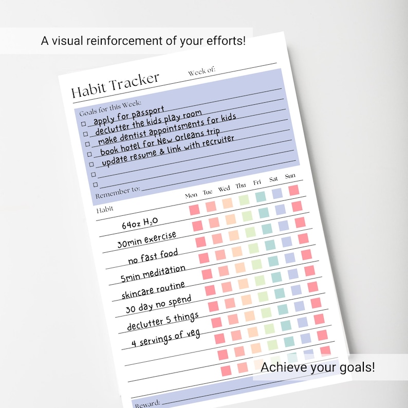 May include: A white habit tracker sheet with a light purple header and section. It features a checklist for weekly goals, a section for habits, and a grid of colorful squares for tracking daily progress. The text includes "Habit Tracker", "Goals for this Week", and "Remember to".