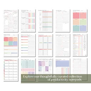 May include: A collection of productivity notepads with various layouts, including ADHD planners, habit trackers, and to-do lists. Each notepad features a different design with colorful accents and organizational structures. The text "Explore our thoughtfully curated collection of productivity notepads" is visible.