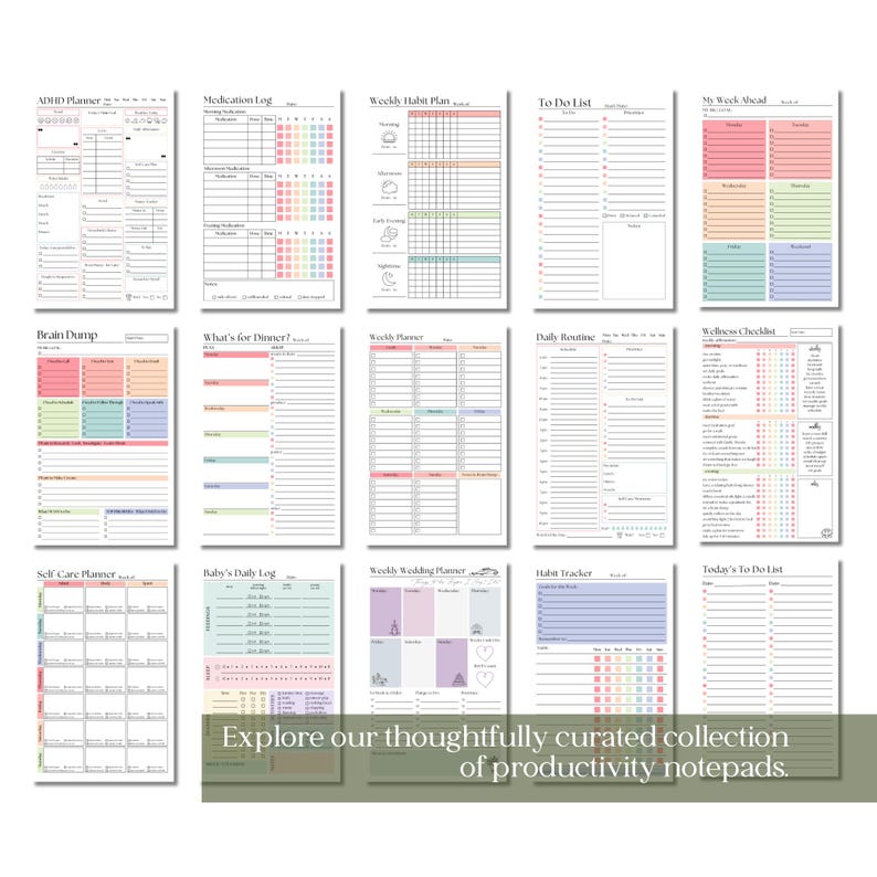May include: A collection of productivity notepads with various layouts, including ADHD planners, habit trackers, and to-do lists. Each notepad features a different design with colorful accents and organizational structures. The text "Explore our thoughtfully curated collection of productivity notepads" is visible.