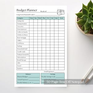May include: A white budget planner notepad with a grid for tracking expenses. Categories include eating out, groceries, and entertainment. The notepad has sections for planned budget, actual expenses, and savings goals. Includes a 50-page tear-off notepad.
