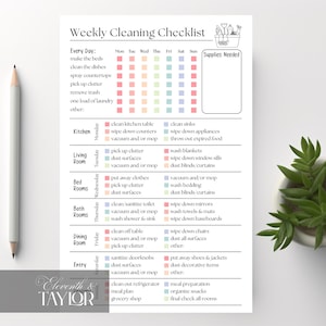 May include: A white Weekly Cleaning Checklist with a pastel color-coded chart for each day of the week. The checklist includes tasks for the kitchen, living room, bedrooms, bathrooms, dining room, and entry areas. A pencil and a plant are in the image.