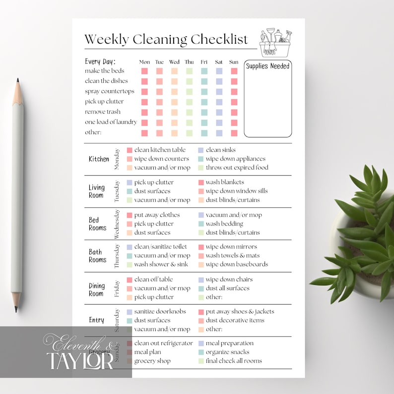 May include: A white Weekly Cleaning Checklist with a pastel color-coded chart for each day of the week. The checklist includes tasks for the kitchen, living room, bedrooms, bathrooms, dining room, and entry areas. A pencil and a plant are in the image.