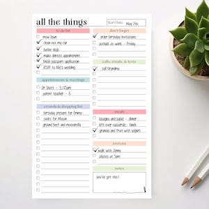 May include: A white notepad with the words "all the things" at the top. It has sections for to-do lists, appointments, errands, meals, and exercise. The notepad includes a start date and a section for notes.