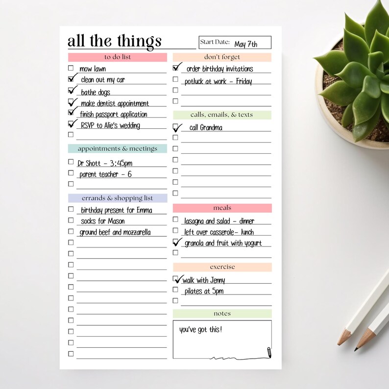 May include: A white notepad with the words "all the things" at the top. It has sections for to-do lists, appointments, errands, meals, and exercise. The notepad includes a start date and a section for notes.