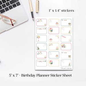 May include: A 12.7 cm x 17.8 cm birthday planner sticker sheet with 2.5 cm x 3.6 cm stickers. Each sticker has a rectangular shape with a pastel color border and a birthday-themed illustration. The stickers include images of cakes, balloons, and banners.