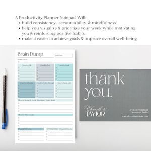 May include: A productivity planner notepad with a "Brain Dump" section, a pen, and a gray "thank you" card. The notepad includes sections for scheduling, calls, emails, and priorities. The card features the text "thank you" and the brand name.