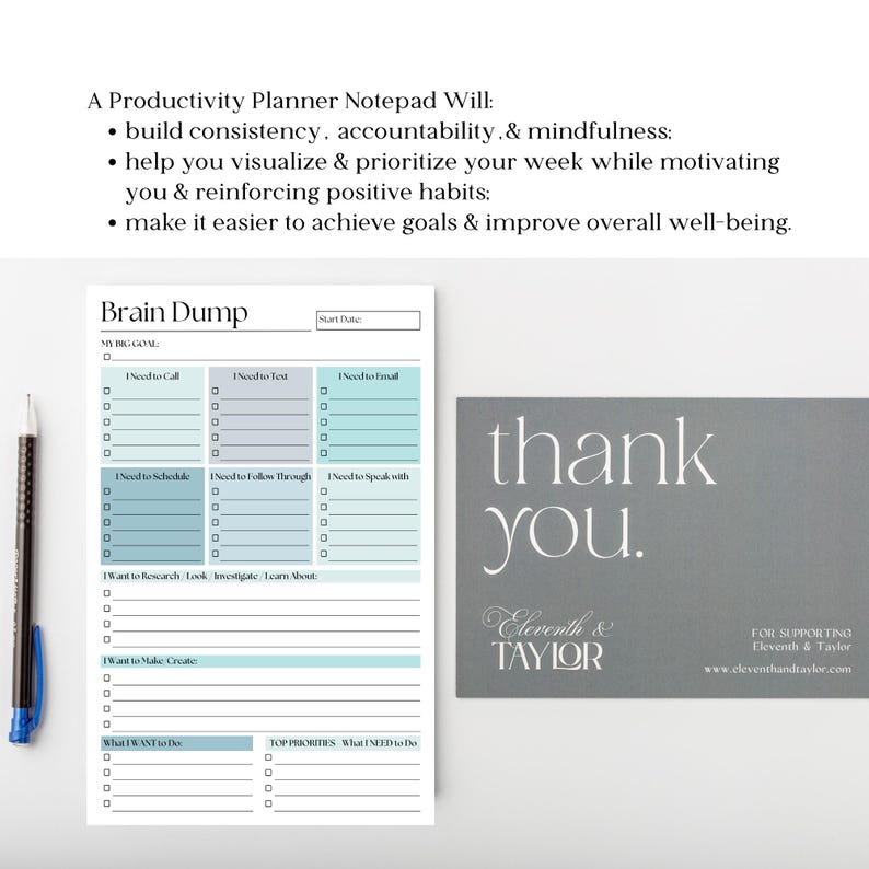 May include: A productivity planner notepad with a "Brain Dump" section, a pen, and a gray "thank you" card. The notepad includes sections for scheduling, calls, emails, and priorities. The card features the text "thank you" and the brand name.
