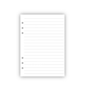May include: A white, lined notepad with pre-punched holes for a binder. The paper has horizontal lines for writing and several holes along the left edge for binding. The notepad is rectangular and sits on a white background.
