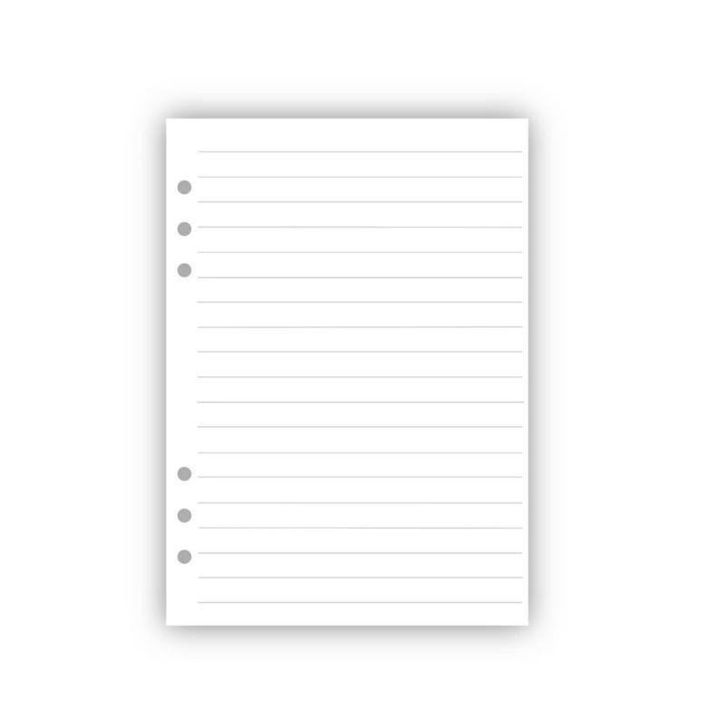 May include: A white, lined notepad with pre-punched holes for a binder. The paper has horizontal lines for writing and several holes along the left edge for binding. The notepad is rectangular and sits on a white background.