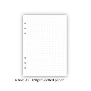 May include: A white A5-sized sheet of 120gsm dotted paper with six holes for binding. The paper has a grid of small, evenly spaced dots. The text "6 hole A5 - 120gsm dotted paper" is printed at the bottom of the page.