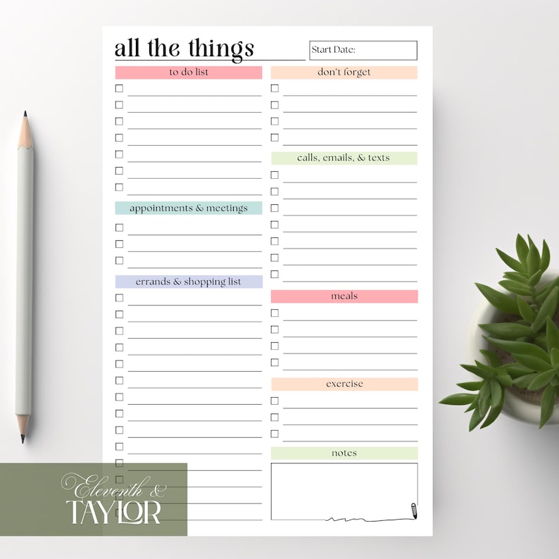 May include: A white notepad with the words "all the things" at the top. The notepad has sections for to-do lists, appointments, errands, and other tasks. A pencil and a small plant are on the side.