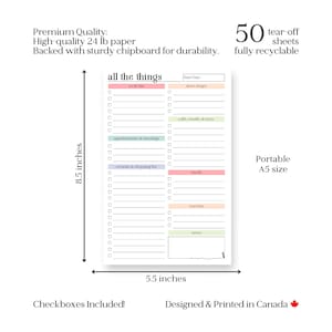 May include: A white notepad with the text "all the things" and checkboxes for to-do lists, errands, and more. The notepad is 8.5 inches tall and 5.5 inches wide, with 50 tear-off sheets. It is designed and printed in Canada.