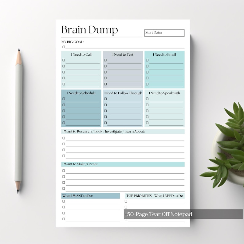 May include: A white notepad with the words "Brain Dump" at the top. The notepad has sections for goals, calls, texts, emails, and more. A pencil rests on the left side of the notepad. A small plant is in the background.