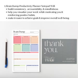 May include: A Brain Dump Productivity Planner Notepad with a pen and a thank you card. The notepad has sections for tasks, goals, and priorities. The thank you card is gray with white text.