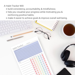 May include: A paper habit tracker with a light blue header, weekly goal section, and a grid of colorful squares for daily tracking. The text reads: A Habit Tracker Will: build consistency, accountability, & mindfulness; help you visualize your progress while motivating you & reinforcing positive habits; make it easier to achieve goals & improve overall well-being.