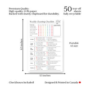 May include: A weekly cleaning checklist with tear-off sheets, measuring 5.5 x 8.5 inches. The checklist includes checkboxes and is designed and printed in Canada. The paper is high-quality 24 lb and backed with chipboard for durability.