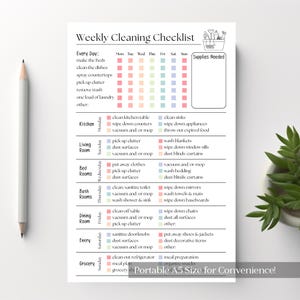 May include: A weekly cleaning checklist with a pastel color scheme. The checklist includes daily and weekly tasks for the kitchen, living room, bedrooms, bathrooms, dining room, entry, and grocery areas. The text says "Portable A5 Size for Convenience!"