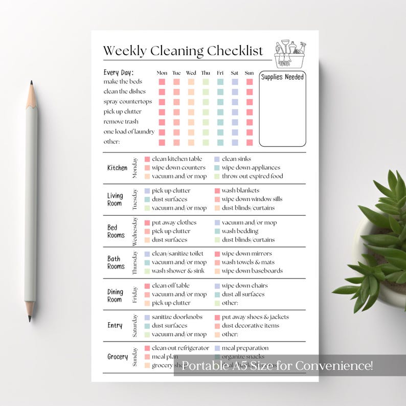 May include: A weekly cleaning checklist with a pastel color scheme. The checklist includes daily and weekly tasks for the kitchen, living room, bedrooms, bathrooms, dining room, entry, and grocery areas. The text says "Portable A5 Size for Convenience!"