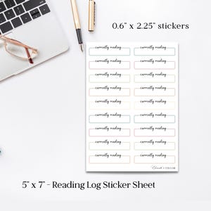 May include: A 5" x 7" reading log sticker sheet with the text "currently reading" repeated on each sticker. The stickers are 1.5 cm x 5.7 cm and come in various pastel colours. A laptop, pen, and glasses are in the background.