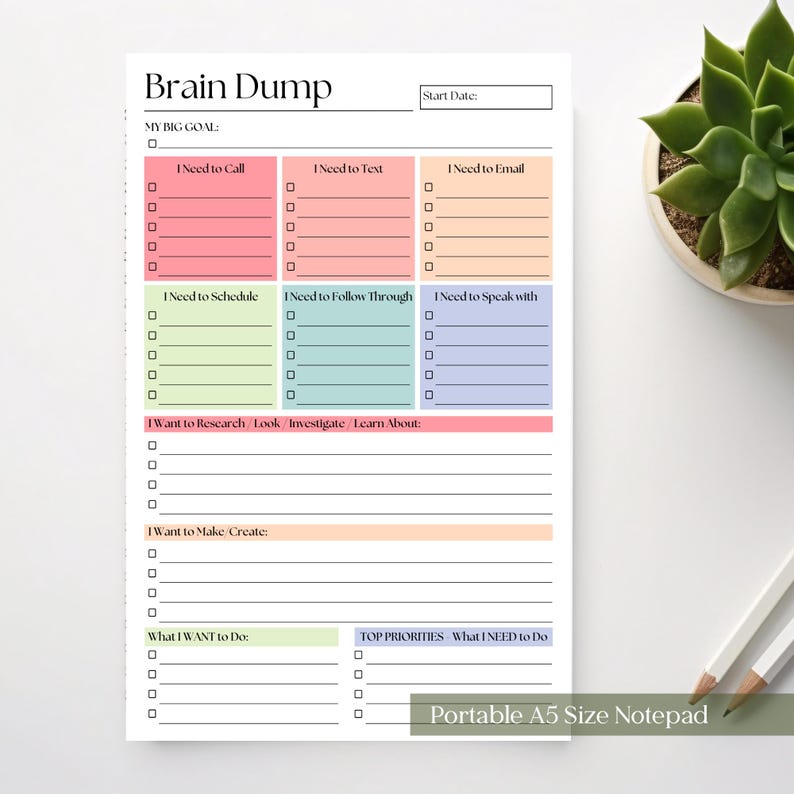 A5 Brain Dump Notepad: 50-Page Daily To-Do List Planner