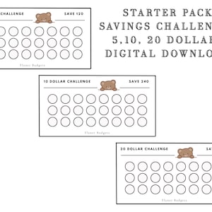 May include: A digital download featuring three savings challenge trackers. Each tracker has a bear graphic and circles to fill in. The text includes "5 Dollar Challenge," "10 Dollar Challenge," and "20 Dollar Challenge," with savings amounts.