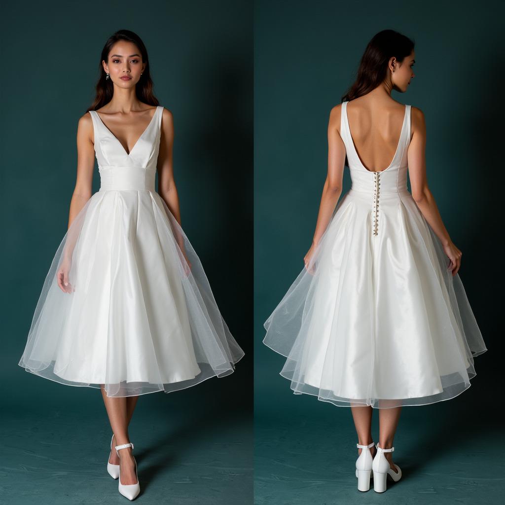 Short Vintage Wedding Dress–Satin & Tulle Midi Bridal Gown with Deep V-Neck and Open Back – Elegant Civil Wedding Dress or Reception Outfit