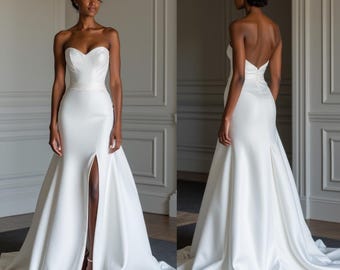White Strapless Satin Slit Mermaid Wedding Dress