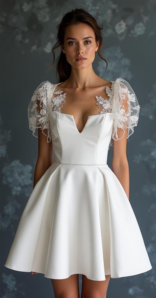 Elegant White Satin Mini Wedding Dress with 3D Lace Appliqué Sleeves & Short Bridal Gown with Deep V-Neck and Open Back