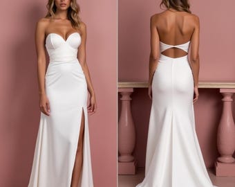 Sequined Corset Bustier Mermaid Wedding Dress – Elegant Slit, Glitter Lace Corset Mermaid Wedding Dress – Slit & Strapless