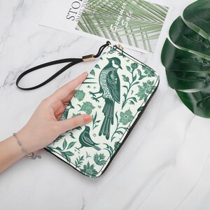 Cartera de mujer con diseño vintage de pájaro verde toile, bonita, sencilla y elegante, con estética floral.