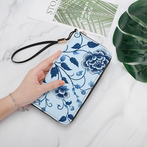 Portefeuille pour femme avec fleur bleue, design en toile, mignon, simple, portefeuille pour femme, élégant floral, esthétique