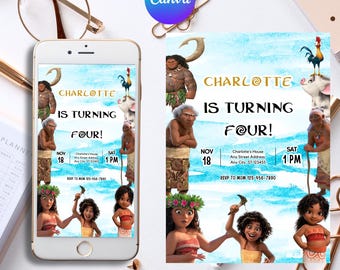 Baby Moana Birthday Invitation, Editable Digital Hawaiian Moana Birthday Invite, Kids Theme Party Invitation, Digital Baby Moana Template