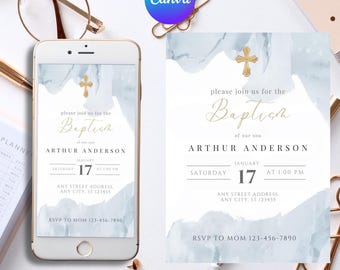 Modern Baptism Invitation Template, Boy Baptism Invitation Phone, Blue Watercolor Boys Gold Baptism Evite, Digital Invite Christening Canva