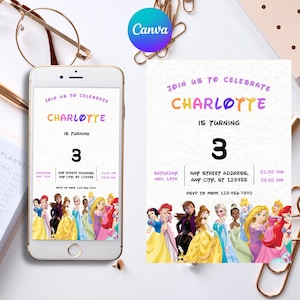 Princess Invitation Princess Birthday Invitation Belle Party Frozen Watercolor Ariel Editable Invitation Cinderella Rapunzel Snow White