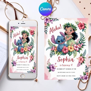 Faire-part d'anniversaire modifiable personnalisé, invitation d'anniversaire Lilo et Stitch, modèle de fête imprimable Stitch, anniversaire fille Stitch sur toile