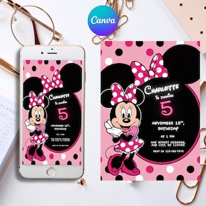 Minnie Mouse Birthday Invitation, Minnie Mouse Birthday Invitation Template Printable, Minnie Mouse Invitation Digitally Editable in Canva