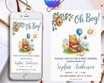Editable Winnie the Pooh Baby Shower Invitation, Digital Invitation Oh Boy, Blue Winnie The Pooh Invitation, Pooh Printable Template