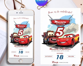Cars Birthday Invitation, Lightning McQueen Invitation, Kids Birthday Invitation, Editable Personalized Canva Printable Digital Invitation