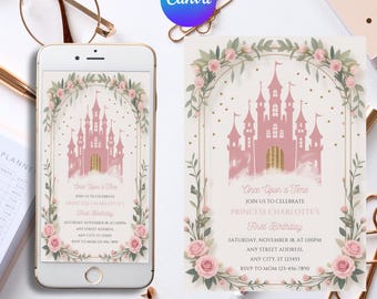 Pink Princess Birthday Party Invitation, Editable Canva Template, Digital Download, Any Age Invite Girl, Once Upon A Time, Princess Party