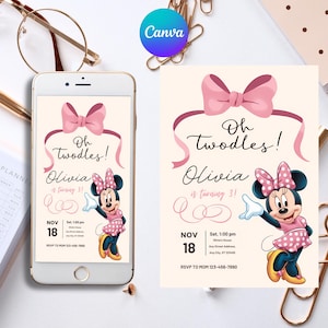 Editable Oh TWOdles Birthday Invitation, Digital 2nd Birthday Cute Mouse Second Birthday Invite, Oh Twodles Invitiation Boho Minnie Invite