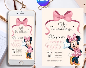 Editable Oh TWOdles Birthday Invitation, Digital 2nd Birthday Cute Mouse Second Birthday Invite, Oh Twodles Invitiation Boho Minnie Invite