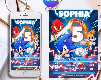 3 Faire-part d'anniversaire Sonic, Super Hedgehog Boys, faire-part de fête Super Sonic, Invitation de fête Super Sonic, modèle d'invitation Sonic modifiable, modèle Canva