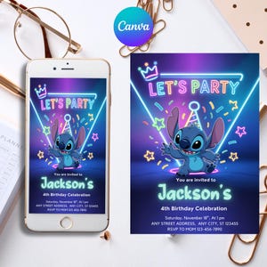 Editable Stitch Invitation, Custom Printable Stitch Party Invite Template, Stitch Birthday Invite, Digital Stitch Birthday Girl Canva Edit