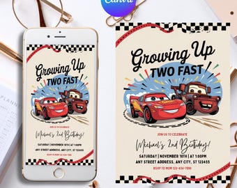 Cars Birthday Invitation, Lightning McQueen Invitation, Kids Birthday Invitation, Editable Personalized Canva Printable Digital Invitation