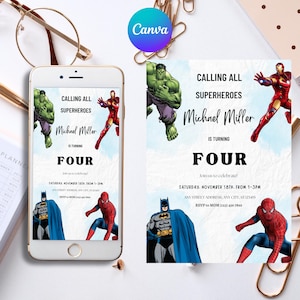 Modello modificabile per invito di compleanno supereroe, invito digitale supereroe Avengers, download immediato della scheda invito supereroe