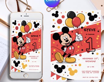 Oh Twodles Einladung, Mickey Geburtstagseinladung, Mickey Mouse Einladungen, Maus bearbeitbare Einladung, Mickey Twodles einladen, Canva
